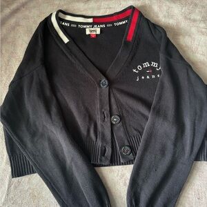 Tommy Hilfiger Black Cropped V-Neck Cardigan with Red & White Trim